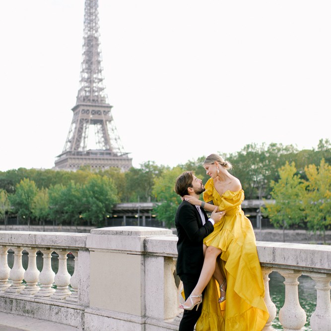 Engagement photos at Eiffel Tower with yellow dress lady by Odrida