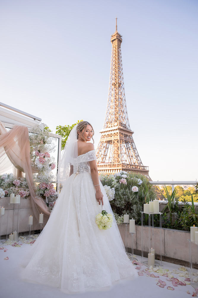 bridal portrait on rooftop with Eiffel Tower by lena